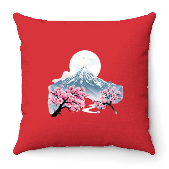 Japanese mount fuji Sakura tree Cherry blossom Throw Pillows