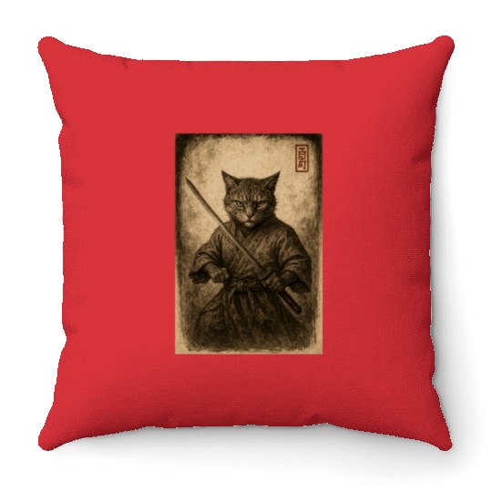 Samurai Cat in Vintage Style Throw Pillows