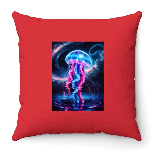 A mesmerizing neon jellyfish gracefully floating Throw Pillows