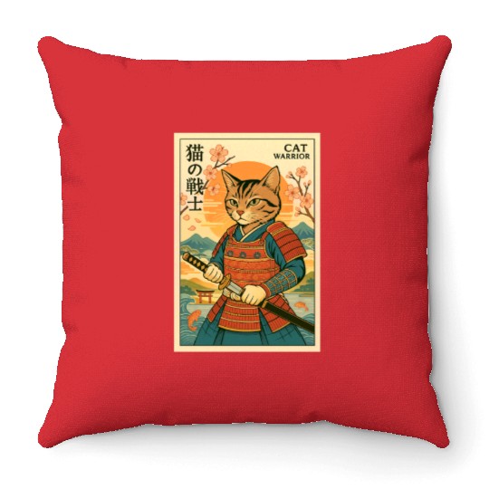 Samurai Cat in Traditional Armor Art Throw Pillows