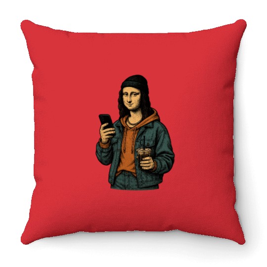 the mona lisa dressed in 2025 street fashion Throw Pillows