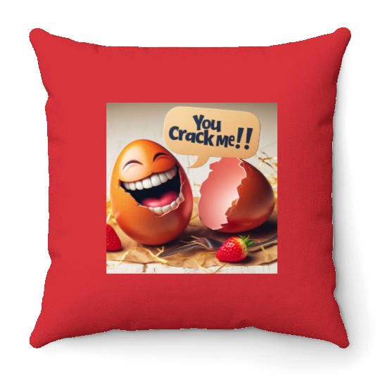 A cracked Easter egg laughing with the caption Throw Pillows