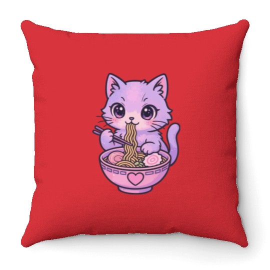 Kawaii Cat Ramen Throw Pillows