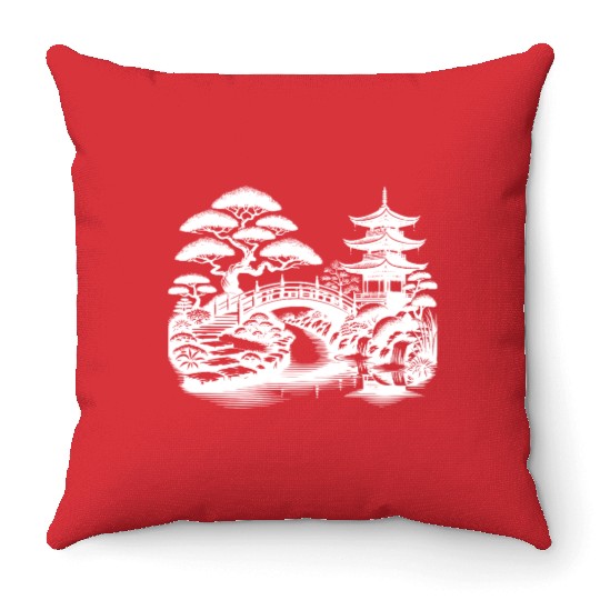 Harmonious Path To The Japanese Temple Garden Throw Pillows