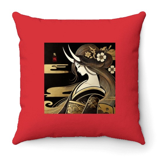 Oni girl in Kimono Throw Pillows