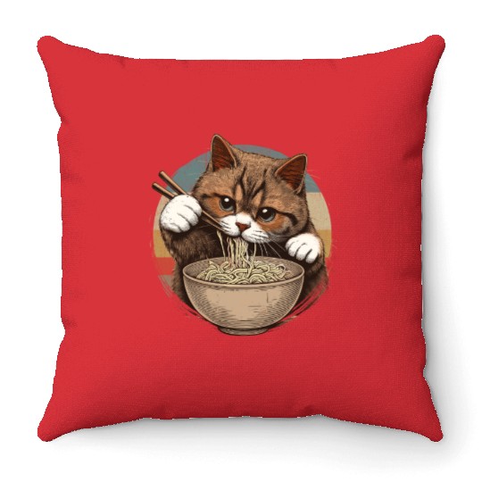Vintage Noodle Cat,Ramen Foodie Lover Throw Pillows
