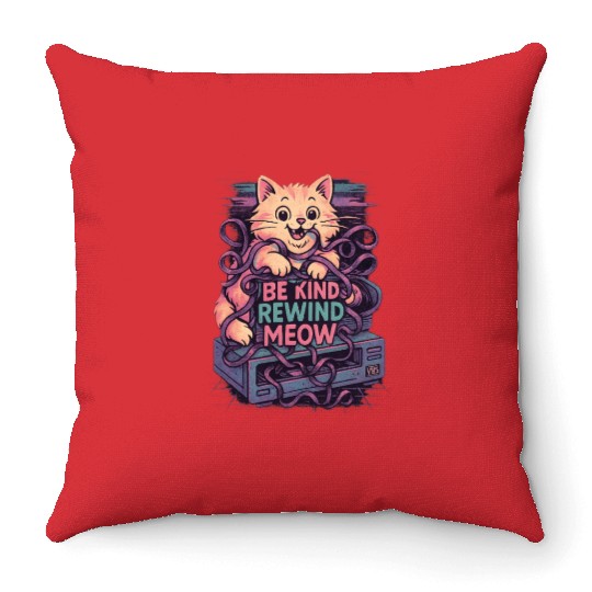 Be Kind Rewind Meow Retro Vibe 80s 90s VHS Throw Pillows