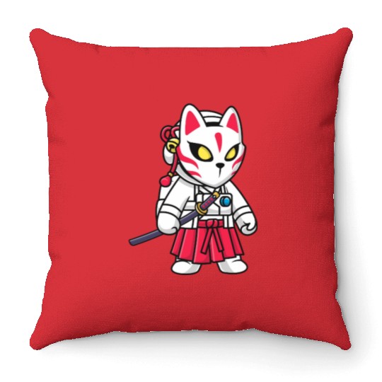Cute Astronaut Samurai with Kitsune Mask and Katan Throw Pillows