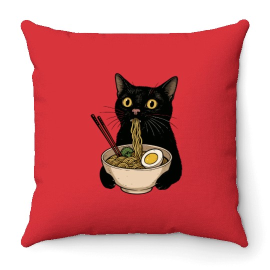 Black Cat Eating Ramen Noodles, Cute Japanese Food Throw Pillows