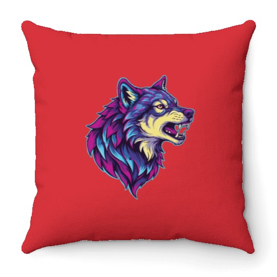 psychedelic wolf head Throw Pillows