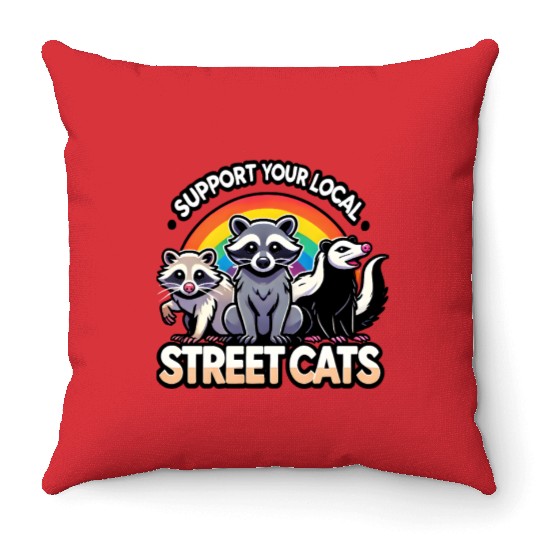 Support Your Local Street Cats Funny Raccoon Throw Pillows