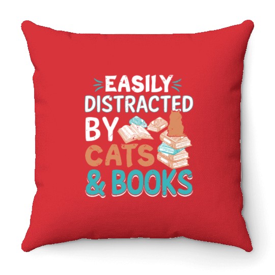 Easily distracted by cat and books lover bookworm Throw Pillows