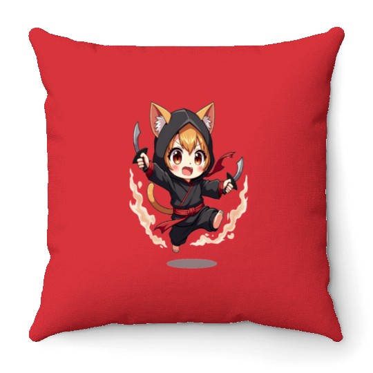 Chibi Ninja Cat Throw Pillows