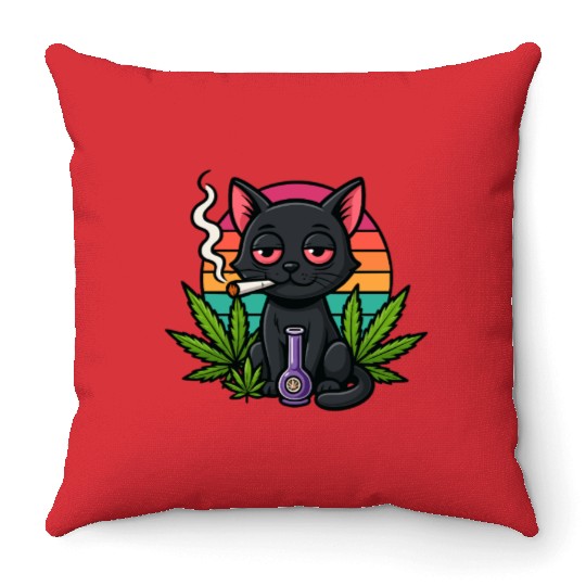 Cute Cat Smoking Weed Throw Pillows