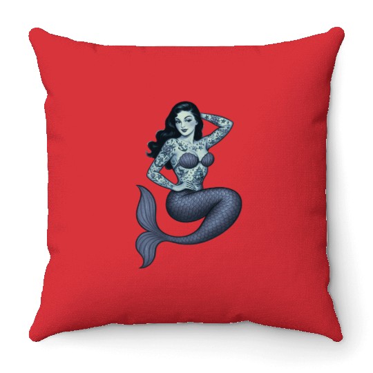 Old School Clasic Tattooed Mermaid Pinup Throw Pillows