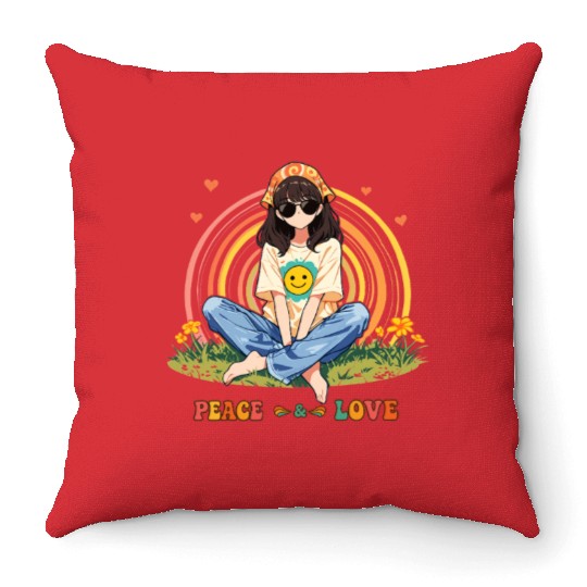 Retro Peace & Love Hippie Girl Throw Pillows – Vintage