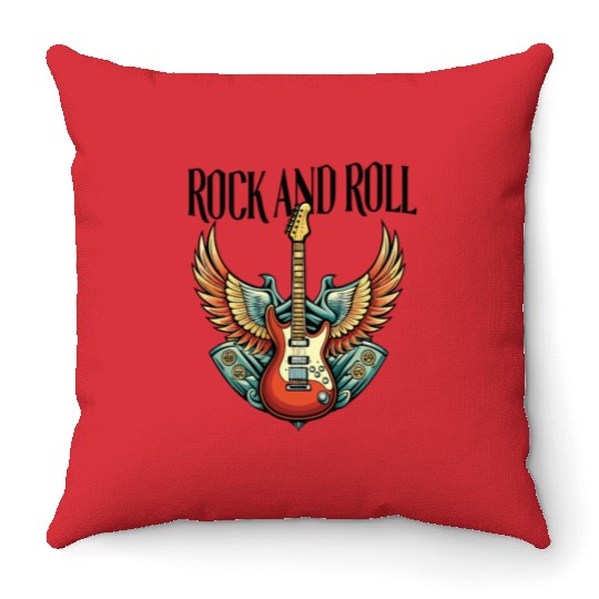 Vintage Retro 80s Rock Roll Music Guitar Wing Throw Pillows