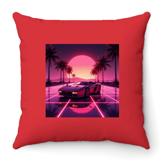 Retro Wave Supercar – 80s Synth Sunset Design Throw Pillows