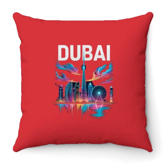 Dubai Skyline Neon Art Throw Pillows