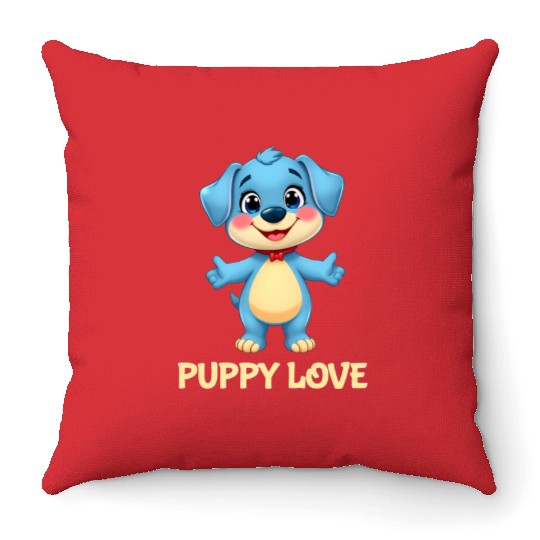 Blue Puppy Love Cartoon - Playful Pet Character Throw Pillows