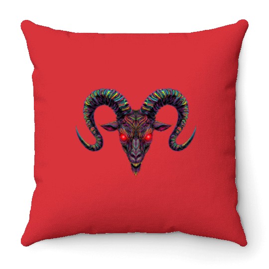 Psychedelic Demon Head with Spiral Horns Throw Pillows