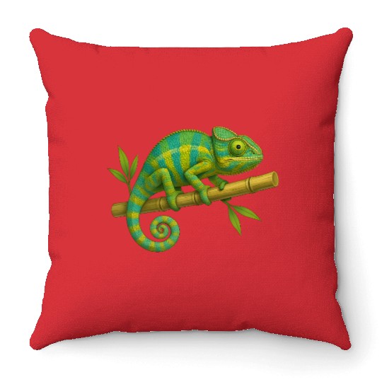 Colorful Chameleon on Bamboo Branch Throw Pillows