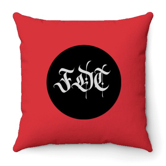 Ornate Gothic Lettering FDT in Light Grey on Black Throw Pillows