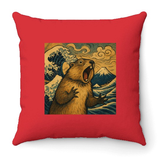 The Great Scream off Kanagawa – Marmot Overboard Throw Pillows