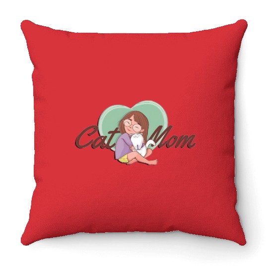 Cat Mom SVG – Girl Hugging White Cat with Heart Throw Pillows