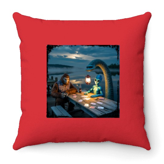 Cryptid Poker Night on Loch Ness - Bigfoot, Throw Pillows