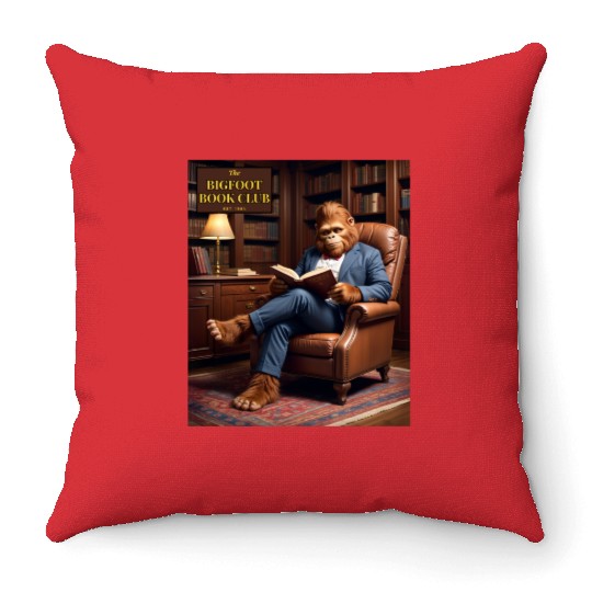 Bigfoot Book Club Sasquatch Reading in the Library Throw Pillows