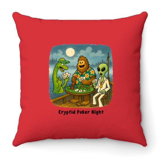 Bigfoot, Nessie and an Alien Play Poker - Cryptid Throw Pillows