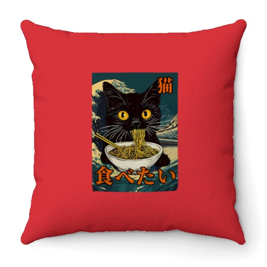 Cat Ramen Japanese Graphic Art Kawaii Kitty Anime Throw Pillows
