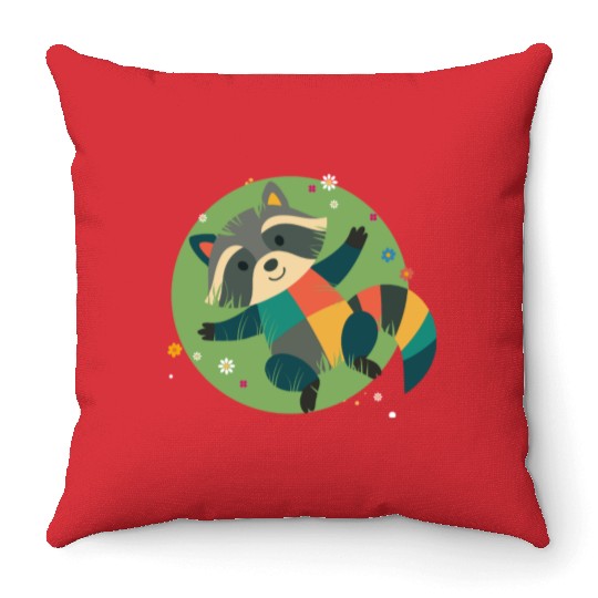colorful raccoon lies relaxed in the green grass Throw Pillows