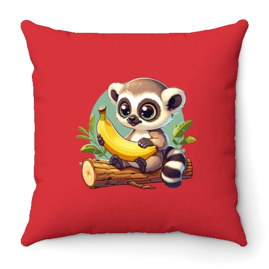 Raccoon with a banana Throw Pillows