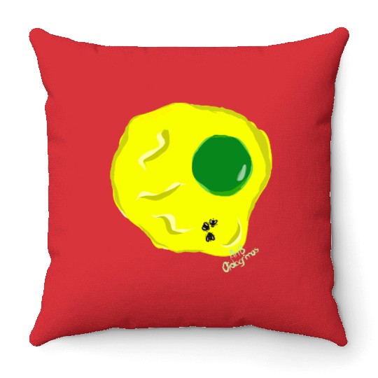 Yellow and green fried egg and flies Throw Pillows