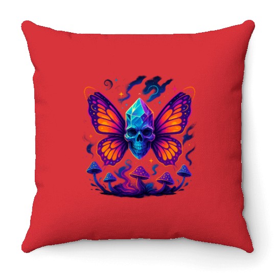 Crystal Skull & Neon Wings – Vapor Fantasy Throw Pillows