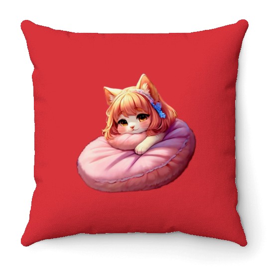 Neko Snoozing Under Sakura Throw Pillows