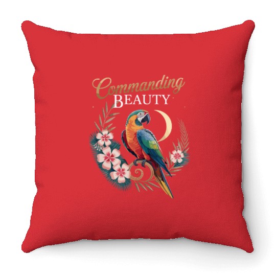 Commanding Beauty Parrot Among Tropical Blooms Throw Pillows