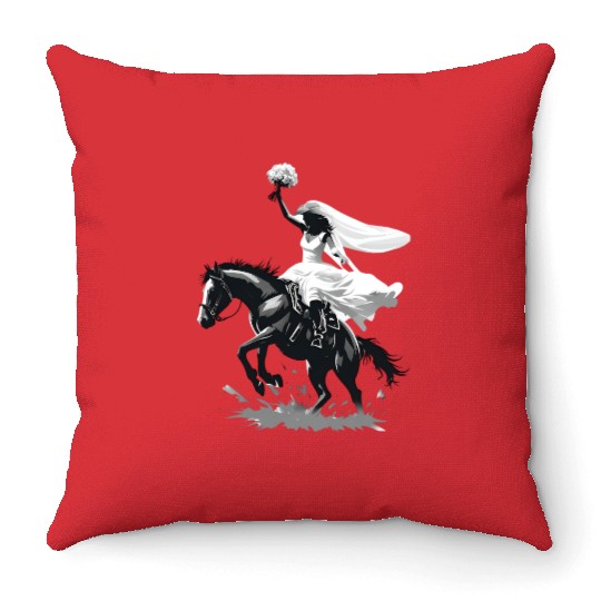 Western Cowgirl Bride on Bucking Horse – Grayscale Throw Pillows