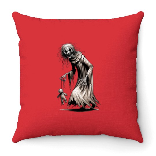 Twisted Puppet Witch – Haunted Doll Mistress Throw Pillows