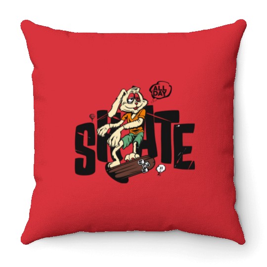 Funny Bunny with Skateboard All Day Skate Throw Pillows