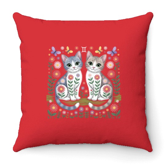 Gemini Zodiac Twin Cats Art Throw Pillows