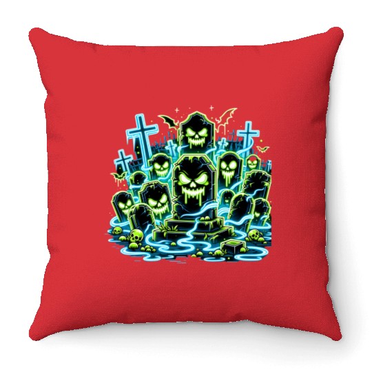 Neon Tomb Uprising – Glowing Graveyard Ghouls Throw Pillows