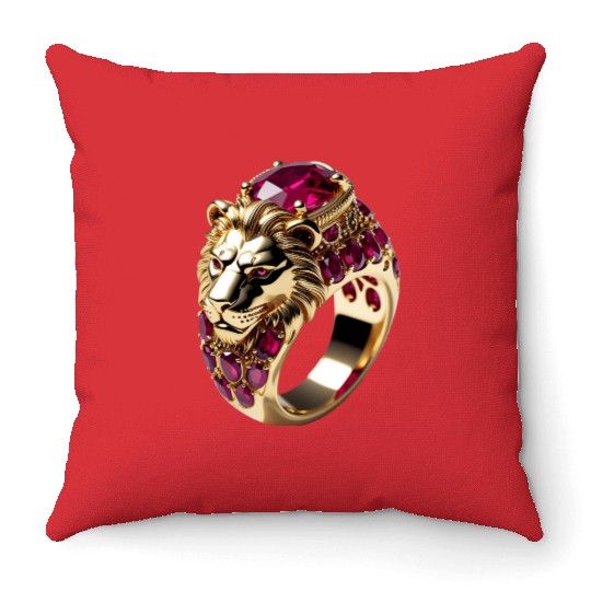 Regal Lion Ruby Ring – Royal Gold Jewelry Design Throw Pillows