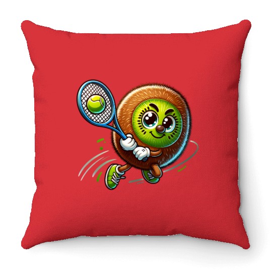 Kiwi Tennis Star – Furry Fruit Champion on Court Throw Pillows