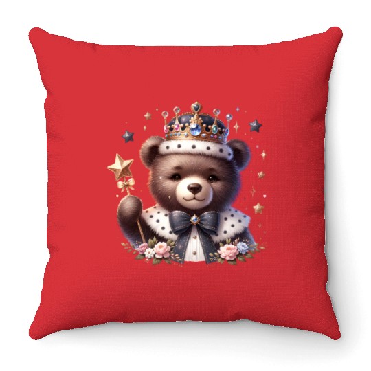 Royal Teddy Bear Magic – Crowned Cutie with Sparkl Throw Pillows