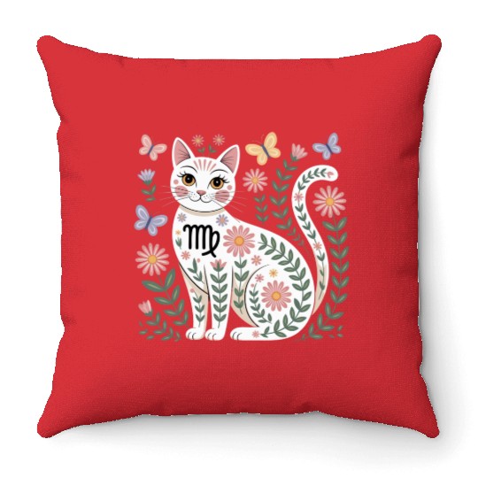 Virgo Zodiac Cat with Daisies Throw Pillows