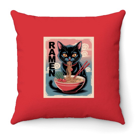 Ramen Cat Japanese Style Throw Pillows