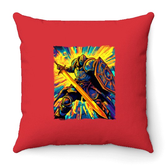 Epic Fantasy Knight In Vibrant Battle Energy Art Throw Pillows